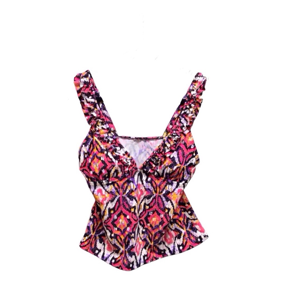 COLE Tankini Top Size L Fuschia Black White Ruffles NWT